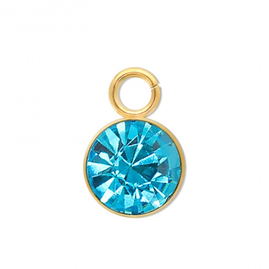 Immagine di 5 PCs 304 Stainless Steel Charms Gold Plated Round Lake Blue Rhinestone 9mm x 6mm
