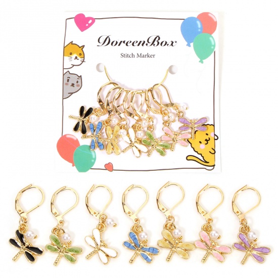 Picture of 1 Set ( 7 PCs/Set) Zinc Based Alloy & Acrylic Insect Knitting Stitch Markers Dragonfly Animal Gold Plated Multicolor Imitation Pearl 3.5cm
