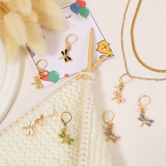 Image de 1 Set ( 7 PCs/Set) Zinc Based Alloy & Acrylic Insect Knitting Stitch Markers Dragonfly Animal Gold Plated Multicolor Imitation Pearl 3.5cm