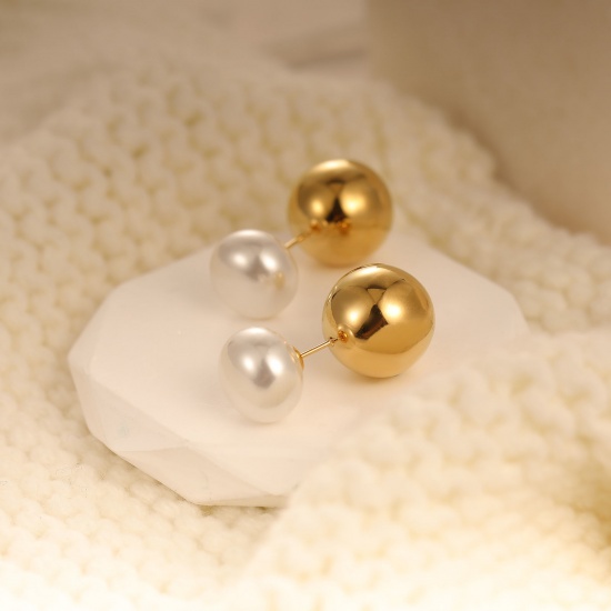 Immagine di 1 Paio Ecologico Elegante Squisito Vero Oro Placcato Bianco 304 Acciaio Inossidabile & Conchiglie Naturali Imitata Perla Orecchino con Doppio Per Donne Regalo 16mm Dia.