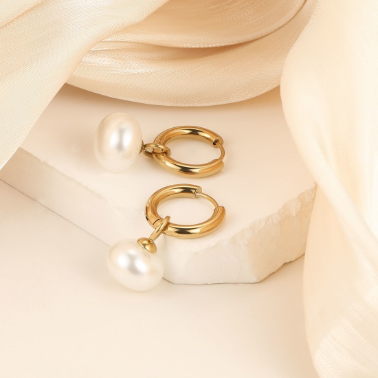 Immagine di 1 Paio Ecologico Elegante Squisito Vero Oro Placcato Bianco 304 Acciaio Inossidabile Imitata Perla Orecchino Per Donne Regalo 31mm x 18mm