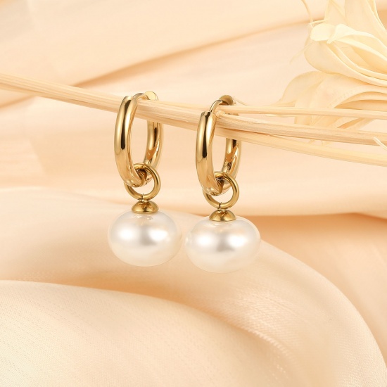 Immagine di 1 Paio Ecologico Elegante Squisito Vero Oro Placcato Bianco 304 Acciaio Inossidabile Imitata Perla Orecchino Per Donne Regalo 31mm x 18mm