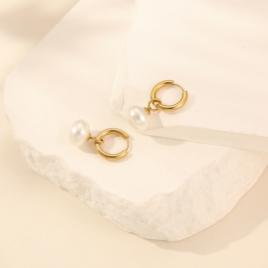 Immagine di 1 Paio Ecologico Elegante Squisito Vero Oro Placcato Bianco 304 Acciaio Inossidabile Imitata Perla Orecchino Per Donne Regalo 31mm x 18mm