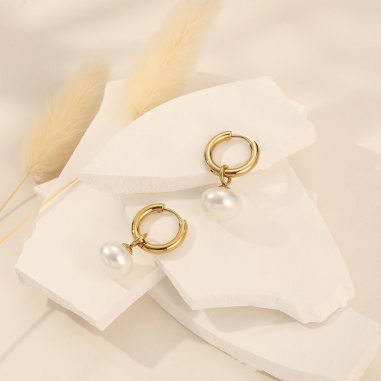 Immagine di 1 Paio Ecologico Elegante Squisito Vero Oro Placcato Bianco 304 Acciaio Inossidabile Imitata Perla Orecchino Per Donne Regalo 31mm x 18mm