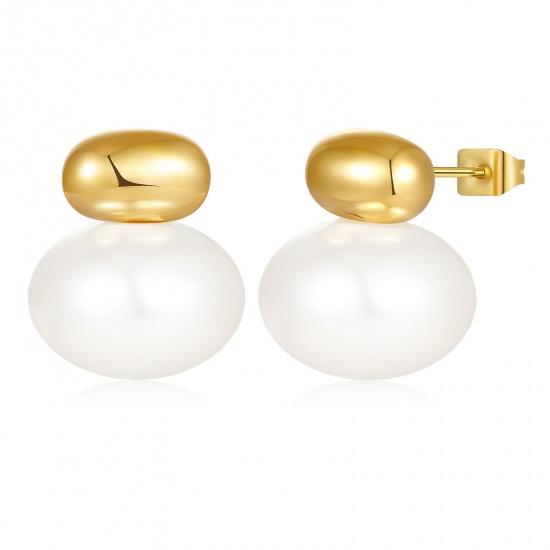 Immagine di 1 Paio Ecologico Elegante Squisito Vero Oro Placcato Bianco 304 Acciaio Inossidabile & Conchiglie Naturali Imitata Perla Orecchini a Perno Per Donne Regalo 19mm x 16mm