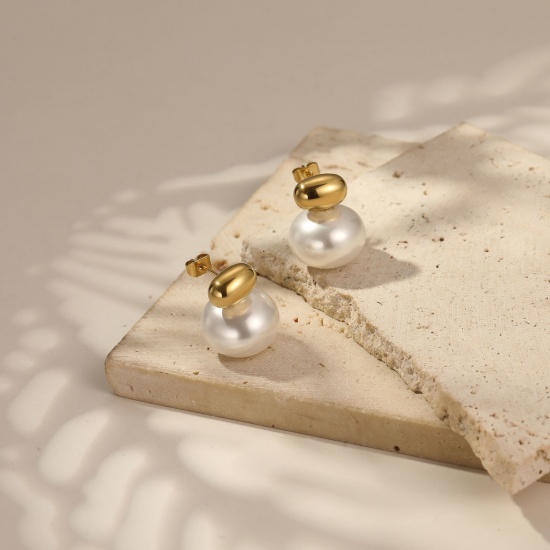 Immagine di 1 Paio Ecologico Elegante Squisito Vero Oro Placcato Bianco 304 Acciaio Inossidabile & Conchiglie Naturali Imitata Perla Orecchini a Perno Per Donne Regalo 19mm x 16mm