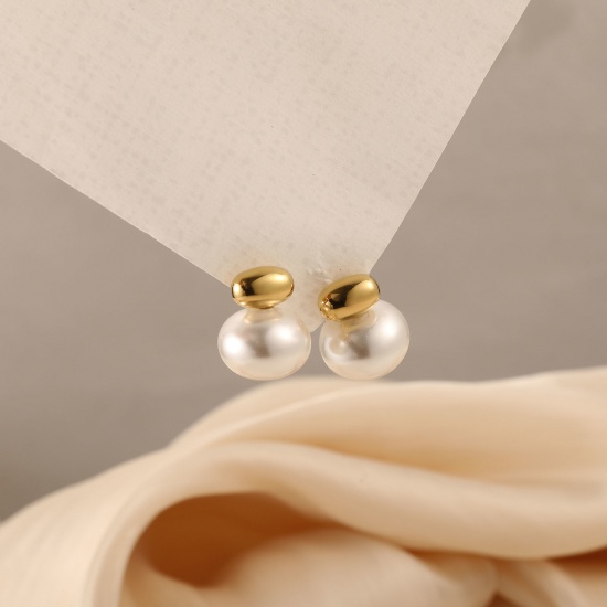 Immagine di 1 Paio Ecologico Elegante Squisito Vero Oro Placcato Bianco 304 Acciaio Inossidabile & Conchiglie Naturali Imitata Perla Orecchini a Perno Per Donne Regalo 19mm x 16mm