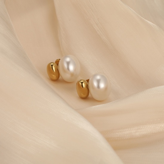 Immagine di 1 Paio Ecologico Elegante Squisito Vero Oro Placcato Bianco 304 Acciaio Inossidabile & Conchiglie Naturali Imitata Perla Orecchini a Perno Per Donne Regalo 19mm x 16mm