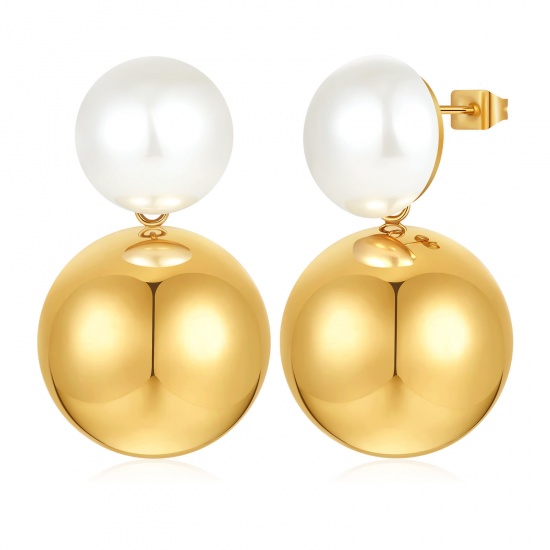 Immagine di 1 Paio Ecologico Elegante Squisito Vero Oro Placcato Bianco 304 Acciaio Inossidabile & Conchiglie Naturali Imitata Perla Orecchini a Perno Per Donne Regalo 34mm x 20mm