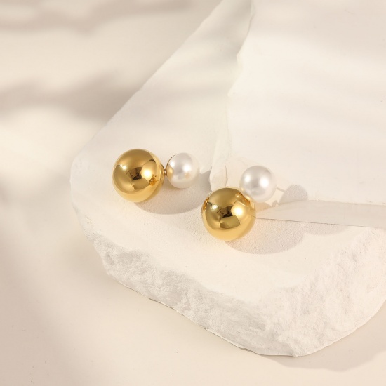 Immagine di 1 Paio Ecologico Elegante Squisito Vero Oro Placcato Bianco 304 Acciaio Inossidabile & Conchiglie Naturali Imitata Perla Orecchini a Perno Per Donne Regalo 34mm x 20mm