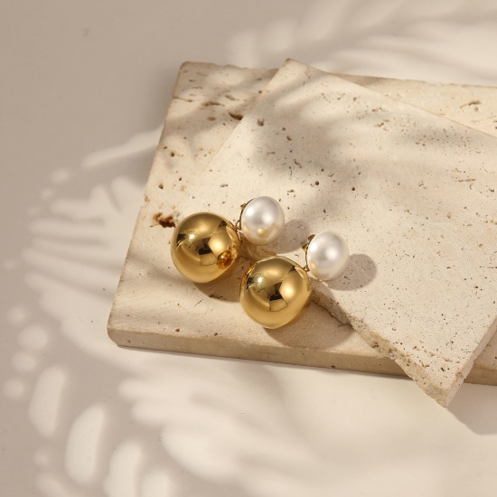 Immagine di 1 Paio Ecologico Elegante Squisito Vero Oro Placcato Bianco 304 Acciaio Inossidabile & Conchiglie Naturali Imitata Perla Orecchini a Perno Per Donne Regalo 34mm x 20mm