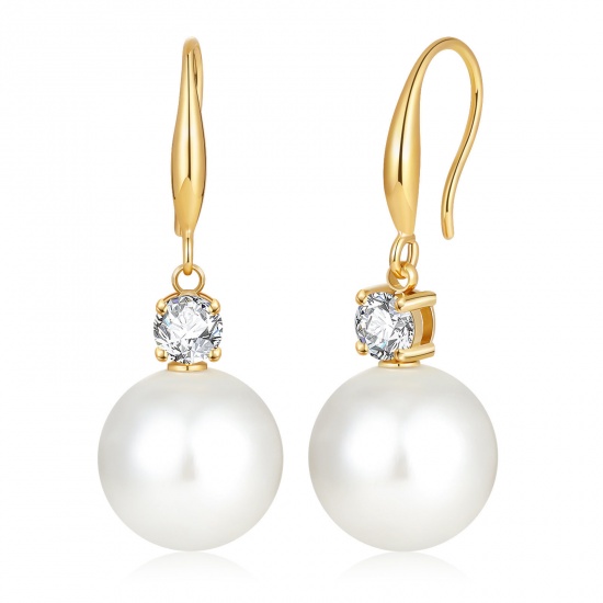 Immagine di 1 Paio Ecologico Elegante Squisito Vero Oro Placcato Bianco 304 Acciaio Inossidabile & Conchiglie Naturali Imitata Perla Orecchino Per Donne Regalo 38mm x 14mm