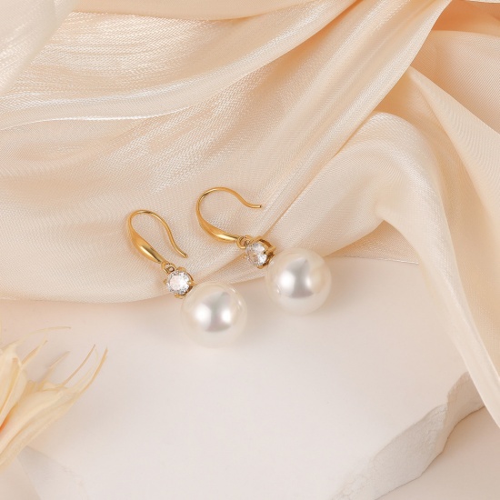Immagine di 1 Paio Ecologico Elegante Squisito Vero Oro Placcato Bianco 304 Acciaio Inossidabile & Conchiglie Naturali Imitata Perla Orecchino Per Donne Regalo 38mm x 14mm