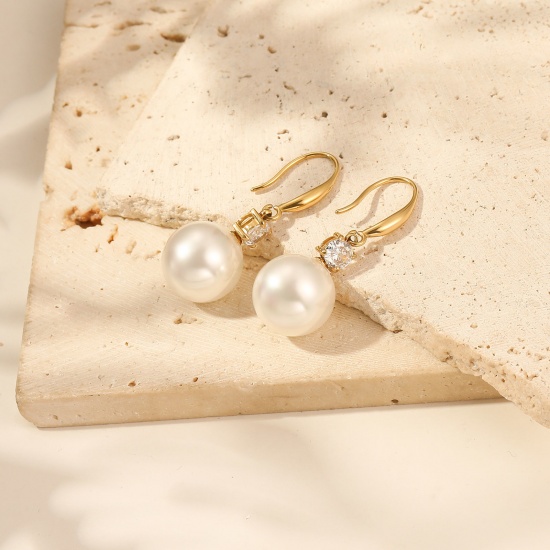 Immagine di 1 Paio Ecologico Elegante Squisito Vero Oro Placcato Bianco 304 Acciaio Inossidabile & Conchiglie Naturali Imitata Perla Orecchino Per Donne Regalo 38mm x 14mm