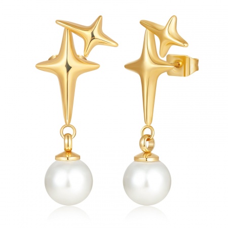 Immagine di Squisito Elegante Orecchino All'Ingrosso, Stella Bianco Imitata Perla Vero Oro Placcato 304 Acciaio Inossidabile & Conchiglie Naturali, Donne Ecologico Regalo Fornitura di Gioielli, 30mm x 13mm, 1 Paio