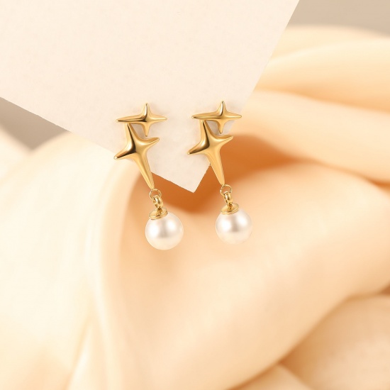 Image de 1 Paire Boucles d'Oreilles Exquis en 304 Acier Inoxydable & Coquille Naturelle Respectueux de la Nature À la Mode Etoile Plaqué Or Véritable Blanc Imitation Perles Cadeau Pour Femmes 30mm x 13mm