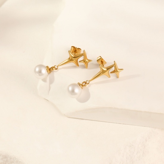 Image de 1 Paire Boucles d'Oreilles Exquis en 304 Acier Inoxydable & Coquille Naturelle Respectueux de la Nature À la Mode Etoile Plaqué Or Véritable Blanc Imitation Perles Cadeau Pour Femmes 30mm x 13mm