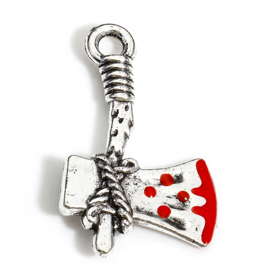 Immagine di 10 PCs Zinc Based Alloy Halloween Charms Antique Silver Color Red Axe Enamel 28mm x 17mm
