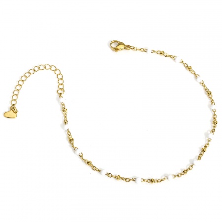 Image de Chaînes de Cheville En Gros Plaqué Or 18K en 304 Acier Inoxydable, Blanc Émail Chaîne à Maillons Faite à la Main Placage sous Vide, aux Femmes À la Mode Cadeau Fournitures de Bijoux 22cm long, 1 Pièce
