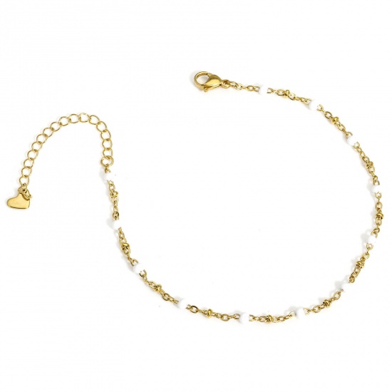 Picture of 1 Piece 304 Stainless Steel Handmade Link Chain Anklet 18K Gold Color White Enamel 22cm(8 5/8") long