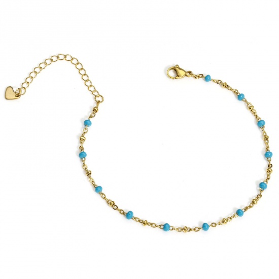 Picture of 1 Piece 304 Stainless Steel Handmade Link Chain Anklet 18K Gold Color Blue Enamel 22cm(8 5/8") long