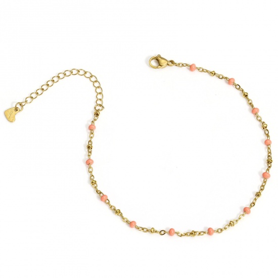 Picture of 1 Piece 304 Stainless Steel Handmade Link Chain Anklet 18K Gold Color Pink Enamel 22cm(8 5/8") long