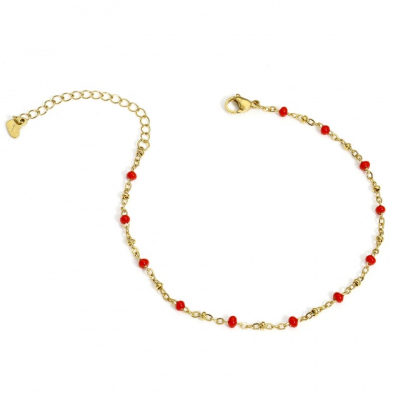 Picture of 1 Piece 304 Stainless Steel Handmade Link Chain Anklet 18K Gold Color Red Enamel 22cm(8 5/8") long