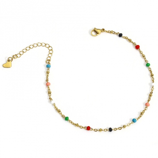 Picture of 1 Piece 304 Stainless Steel Handmade Link Chain Anklet 18K Gold Color Multicolor Enamel 22cm(8 5/8") long