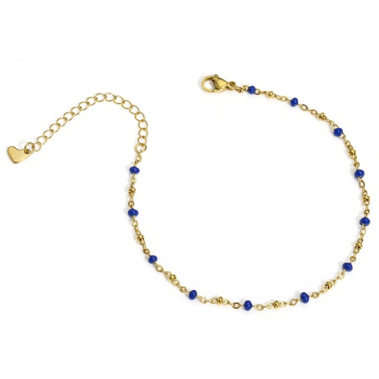 Picture of 1 Piece 304 Stainless Steel Handmade Link Chain Anklet 18K Gold Color Dark Blue Enamel 22cm(8 5/8") long
