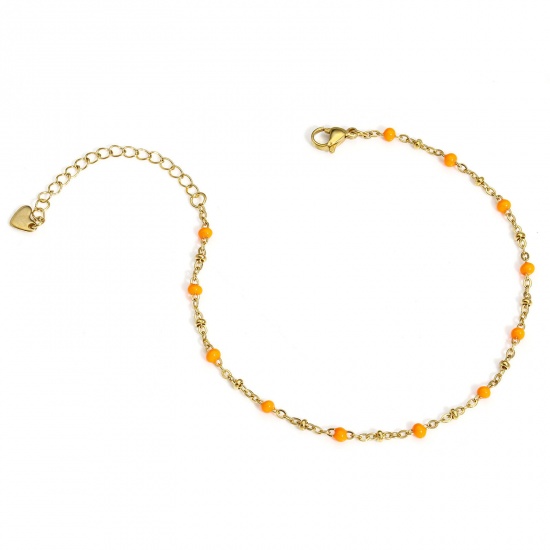 Picture of 1 Piece 304 Stainless Steel Handmade Link Chain Anklet 18K Gold Color Neon Orange Enamel 22cm(8 5/8") long