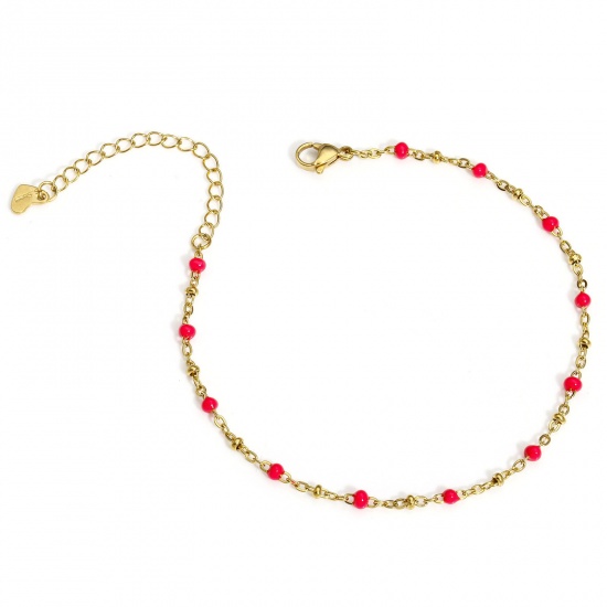 Picture of 1 Piece 304 Stainless Steel Handmade Link Chain Anklet 18K Gold Color Fuchsia Enamel 22cm(8 5/8") long