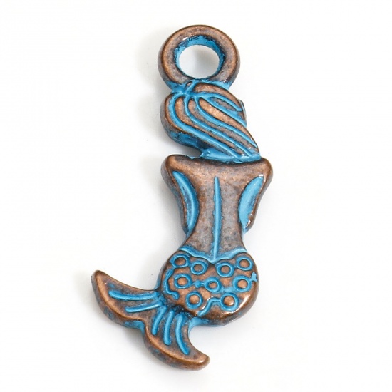 Imagen de 20 PCs Zinc Based Alloy Fairy Tale Collection Charms Antique Copper Blue Mermaid Patina 20mm x 9mm