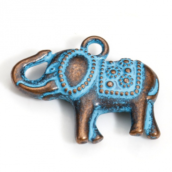 Picture of 20 PCs Zinc Based Alloy Charms Antique Copper Blue Elephant Animal Patina 22mm x 18mm