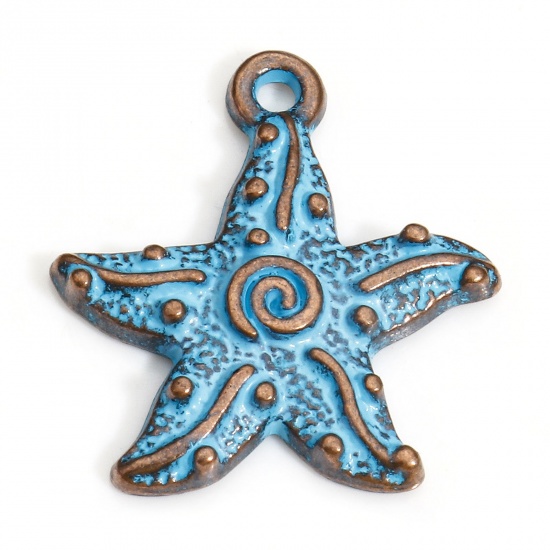 Picture of 20 PCs Zinc Based Alloy Ocean Jewelry Charms Antique Copper Blue Star Fish Spiral Patina 20mm x 18mm