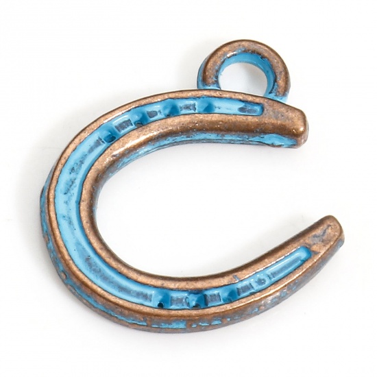 Picture of 20 PCs Zinc Based Alloy Charms Antique Copper Blue Luck Horseshoe Patina 13mm x 12.5mm