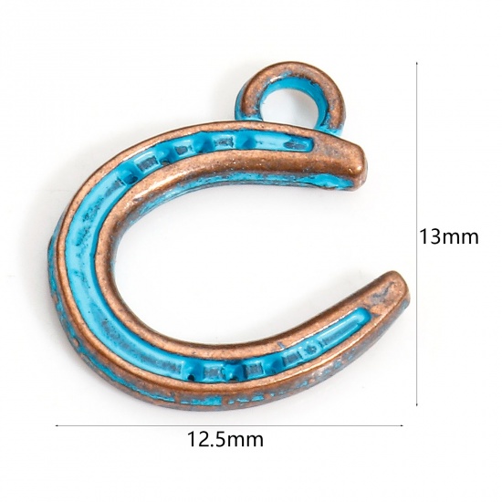 Picture of 20 PCs Zinc Based Alloy Charms Antique Copper Blue Luck Horseshoe Patina 13mm x 12.5mm