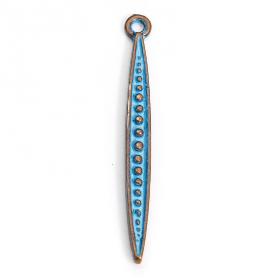 Picture of 20 PCs Zinc Based Alloy Ethnic Charms Antique Copper Blue Marquise Drop Patina 34mm x 3.5mm