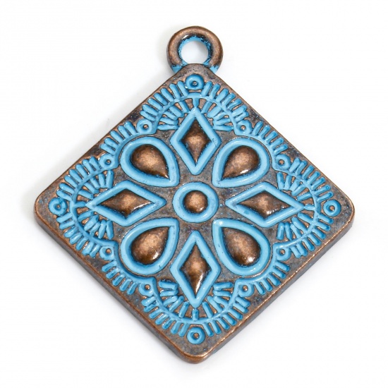 Immagine di 20 PCs Zinc Based Alloy Ethnic Charms Antique Copper Blue Rhombus Carved Pattern Patina 28mm x 25mm