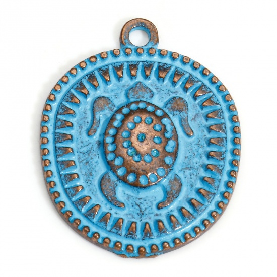 Picture of 20 PCs Copper Ocean Jewelry Charms Antique Copper Blue Oval Tortoise Patina 28mm x 22mm