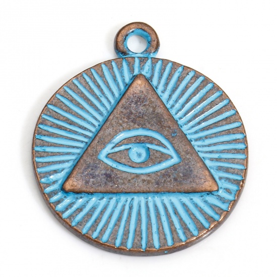 Picture of 20 PCs Copper Religious Charms Antique Copper Blue Round Eye of Providence/ All-seeing Eye Patina 20mm x 17mm