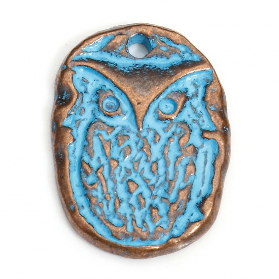 Immagine di 20 PCs Copper Maya Charms Antique Copper Blue Oval Owl Patina 17mm x 12mm