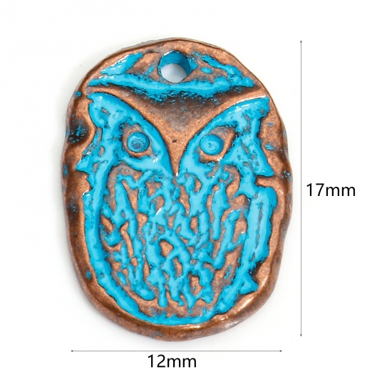 Picture of 20 PCs Zinc Based Alloy Maya Charms Antique Copper Blue Oval Owl Patina 17mm x 12mm