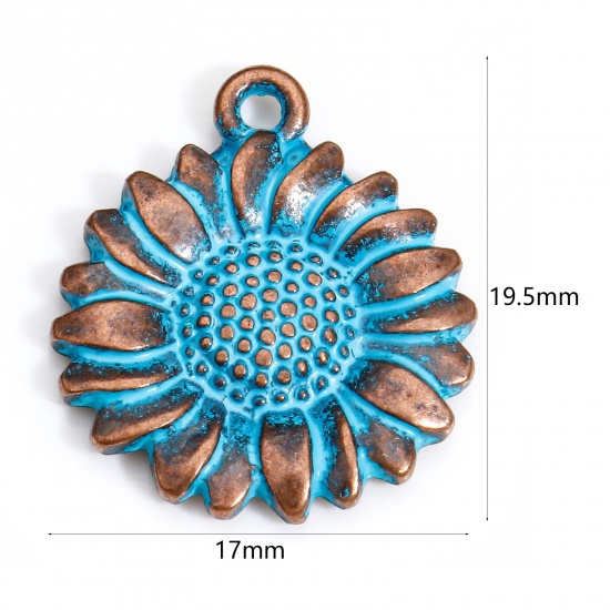 Picture of 20 PCs Zinc Based Alloy Charms Antique Copper Blue Sunflower Patina 19.5mm x 17mm