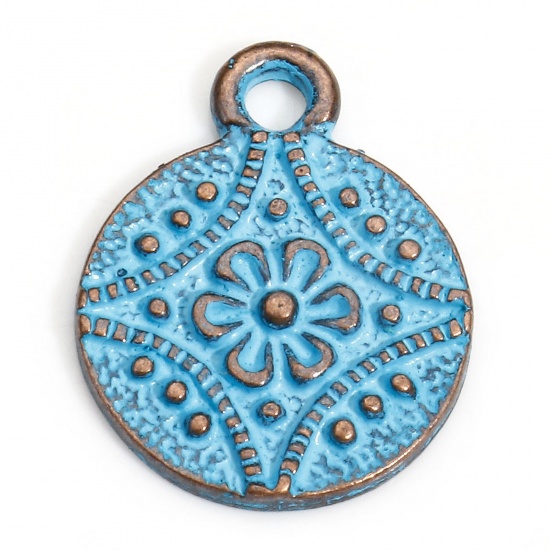 Immagine di 20 PCs Copper Ethnic Charms Antique Copper Blue Round Carved Pattern Patina 16.5mm x 13mm