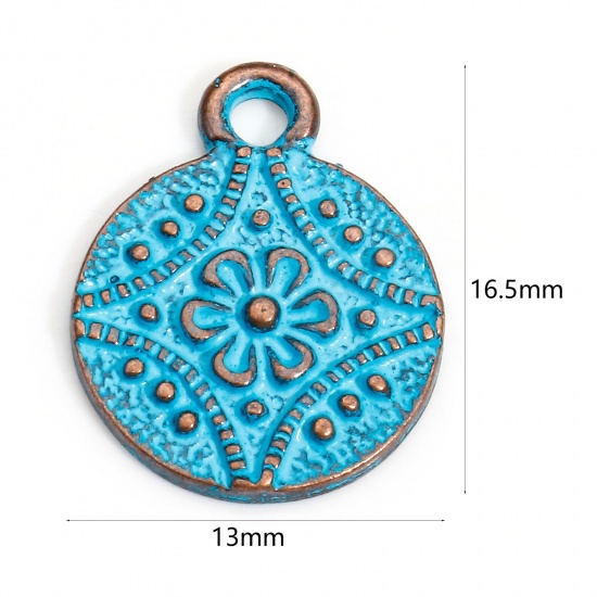 Picture of 20 PCs Zinc Based Alloy Ethnic Charms Antique Copper Blue Round Carved Pattern Patina 16.5mm x 13mm