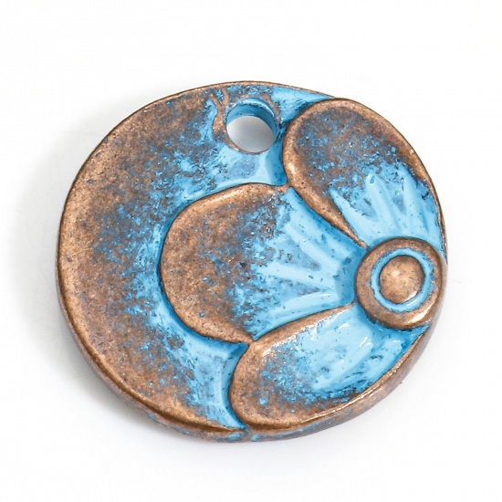 Bild von 20 PCs Copper Charms Antique Copper Blue Round Flower Patina 15mm Dia.