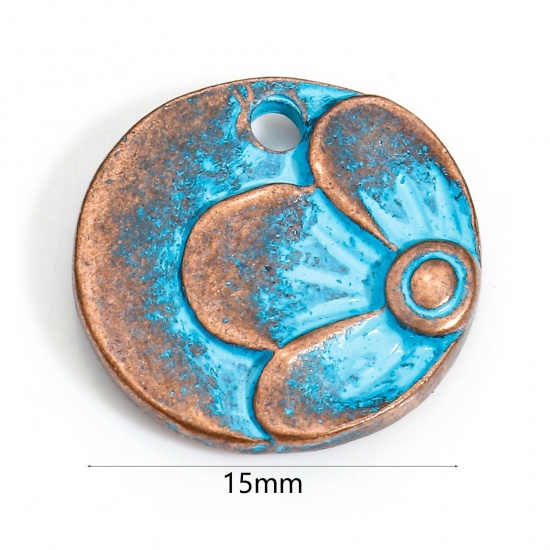 Picture of 20 PCs Zinc Based Alloy Charms Antique Copper Blue Round Flower Patina 15mm Dia.