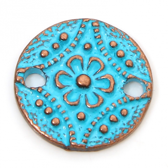 Picture of 10 PCs Zinc Based Alloy Ethnic Connectors Charms Pendants Antique Copper Blue Round Carved Pattern Patina