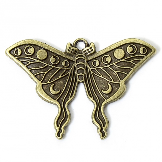 Picture of 10 PCs Zinc Based Alloy Insect Pendants Antique Bronze Butterfly Animal Moon Phases 4.6cm x 3.2cm