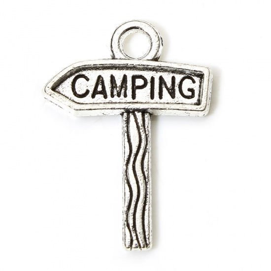 Picture of 50 PCs Zinc Based Alloy Charms Antique Silver Color Road Sign Message " CAMPING " 23mm x 17mm